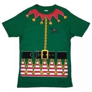 Mens Green Christmas Elf Print Holiday T-Shirt nwt